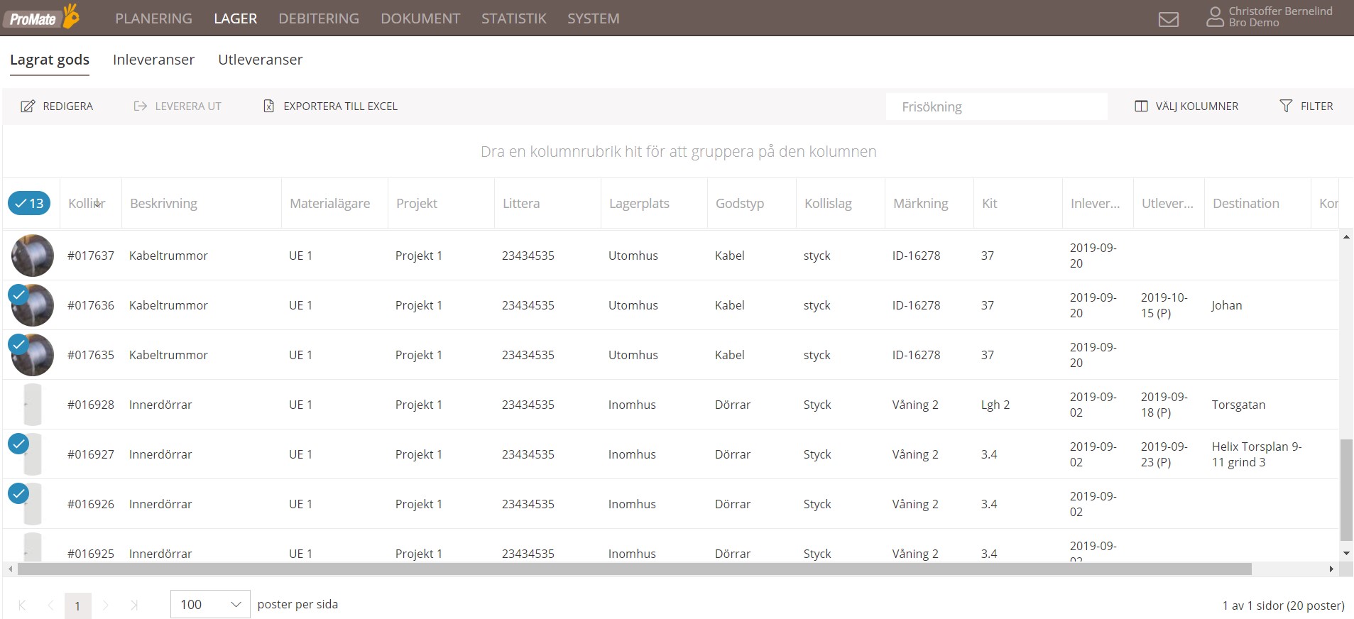 Screenshot på Promates verktyg Lagerfunktion